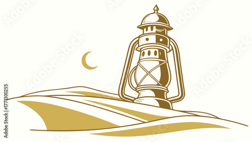 A gold Ramadan lantern with a crescent moon in a desert scene