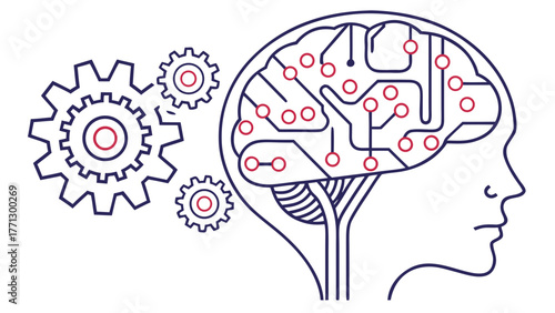 Conceptual AI Brain With Circuit Board and Mechanical Gears