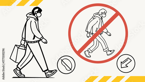 A man wearing a mask and walking with a loitering restriction sign