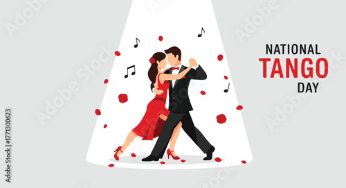 Elegant couple in a passionate embrace dancing the Argentine tango under a spotlight with floating music notes and rose petals