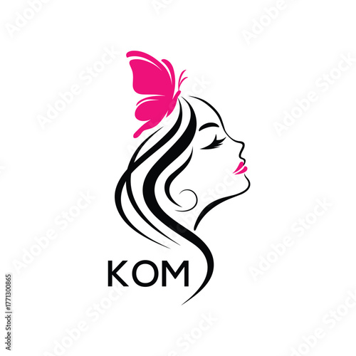 KOM Elegant Beauty Woman Logo. KOM with Butterfly Feminine Salon & Spa Branding. KOM Luxury Beauty Icon Design.

