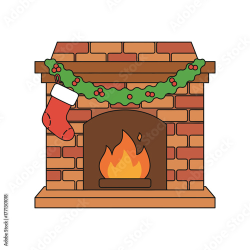 A cozy brick fireplace decorated for Christmas with a burning fire, a festive garland, and a red stocking.