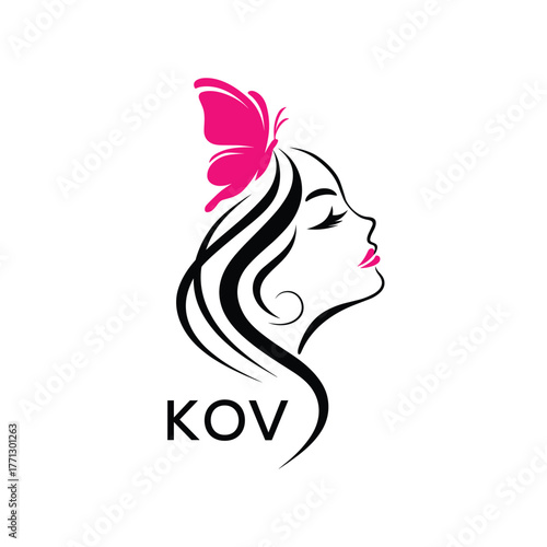 KOV Elegant Beauty Woman Logo. KOV with Butterfly Feminine Salon & Spa Branding. KOV Luxury Beauty Icon Design.
