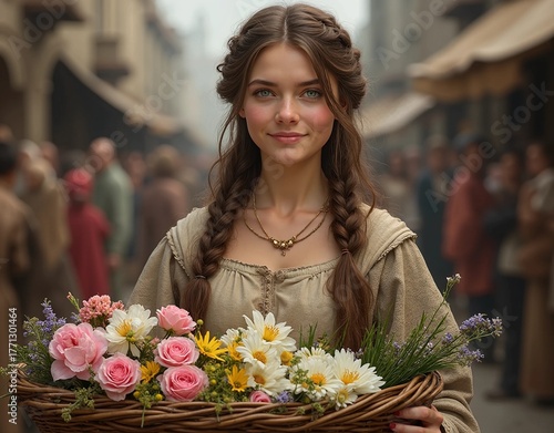 Beautiful Village Flower Maiden with Braided Hair. A romantic and nostalgic depiction of rural life and elegance.