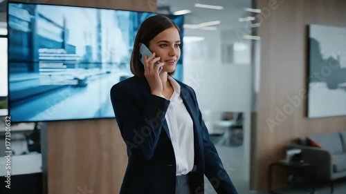 Professional woman in business attire talking on a mobile phone in a modern office space.