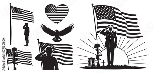 Patriotic american flag imagery and silhouettes of soldiers honoring fallen heroes and symbols of freedom
