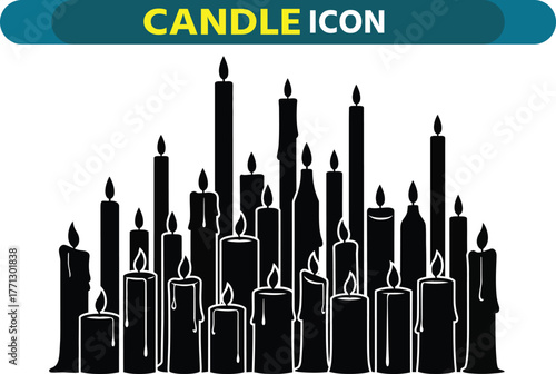 Collection of various tall and short lit candles in silhouette against a white background