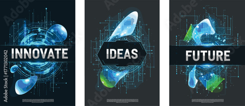 Futuristic poster triptych—“INNOVATE,” “IDEAS,” “FUTURE”—glowing blue abstract visuals, bold typography, digital motifs, creativity and technology concept, modern design series 