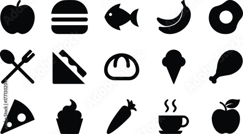 Silhouette food icon set collection. Restaurant, meal, and kitchen vector illustration.