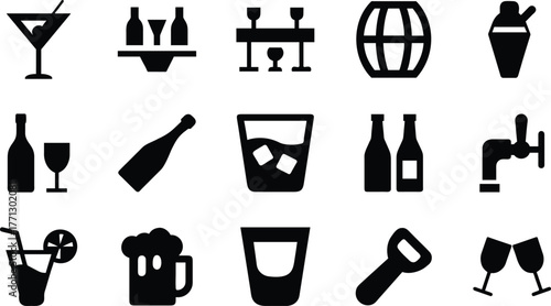 Silhouette bar icon set collection. Drink, cocktail, and nightlife vector illustration.