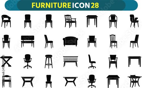 Collection of diverse furniture silhouettes including chairs tables and stools for interior design and decoration