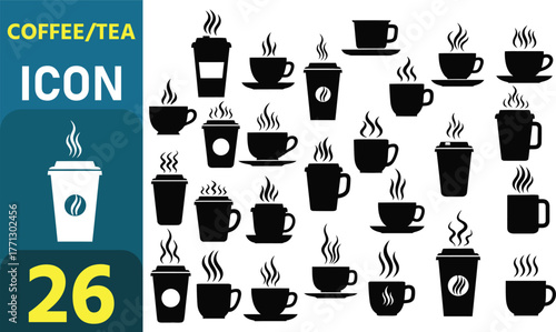 Collection of black and white coffee and tea icons with steaming cups and mugs on white background