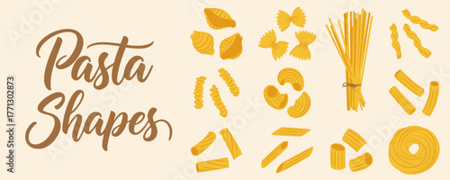 Set of various pasta shapes, ideal for cooking blogs, restaurant menus, or food packaging.