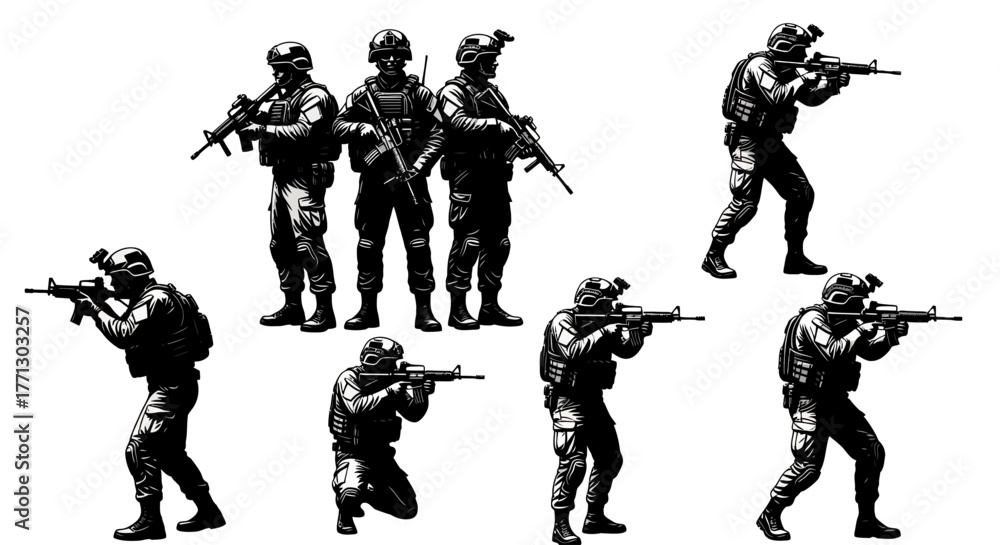 Obraz premium Military Soldier Silhouettes: Tactical Gear & Weapon Collection