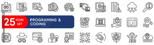 Programming coding set of web icons in line style. vector illustration concept relate to Software, program, coding, vector, technology, code