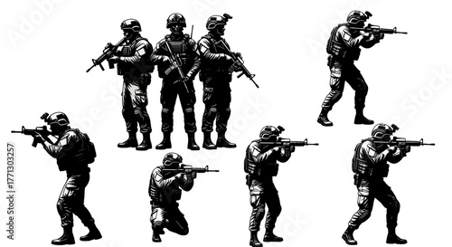 Military Soldier Silhouettes: Tactical Gear & Weapon Collection