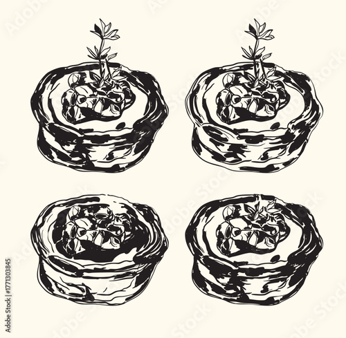 Vintage Brie and Cranberry Puff Pastry Illustration Set