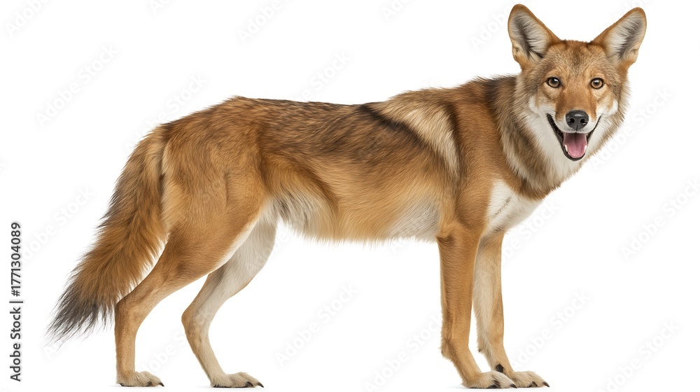 Fototapeta premium Ethiopian wolf, Canis simensis smiling and standing alertly, isolated on white background, realistic wildlife photo