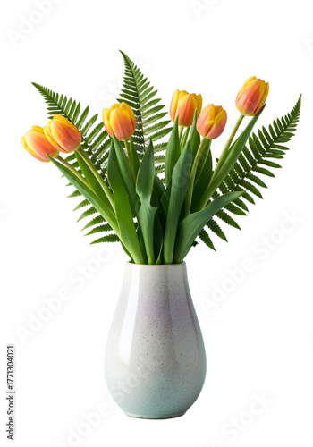 Vibrant Orange and Yellow Tulips with Fern in a Ceramic Vase png clear alpha channel cutout isolated on transparent background