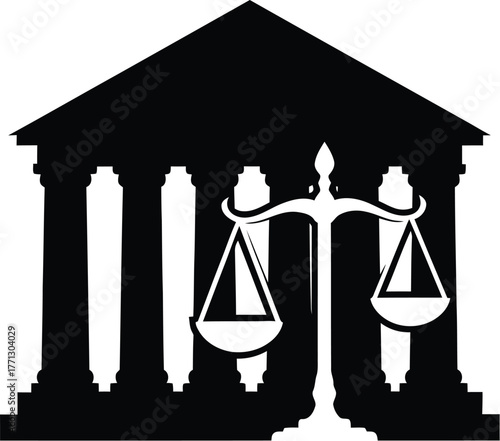 Scales of justice in front of courthouse represent legal system and fairness