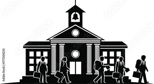 Students heading to university building for classes in black and white graphic