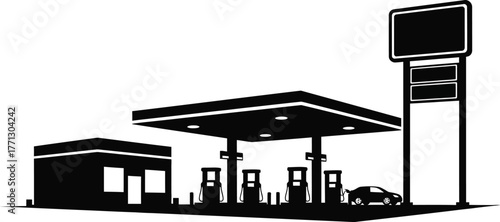 Black and white silhouette of a gas station with pumps and a car filling up tank