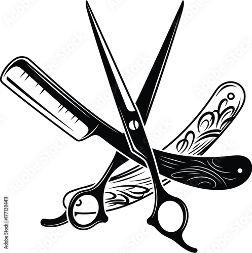 Barber tools including scissors and straight razors in a black and white design
