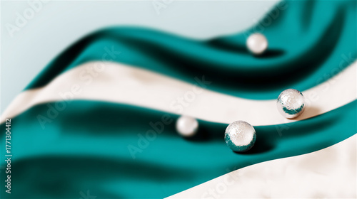 White pearls on silky turquoise fabric, concept of luxury, beauty, and elegant texture with copy space.