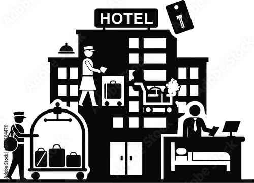 Hotel services depicted with bellhop receptionist and room service in black
