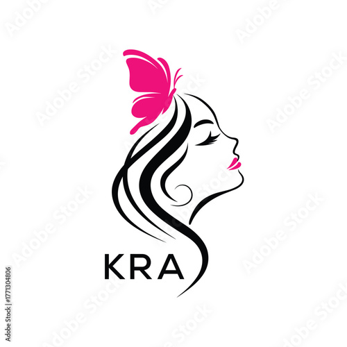 KRA Elegant Beauty Woman Logo. KRA with Butterfly Feminine Salon & Spa Branding. KRA Luxury Beauty Icon Design.
