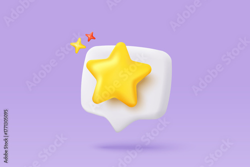 3d yellow stars glossy color icon for game on purple background. Customer rating feedback from client about employee of UI website concept. 3d star quality icon vector with shadow render illustration