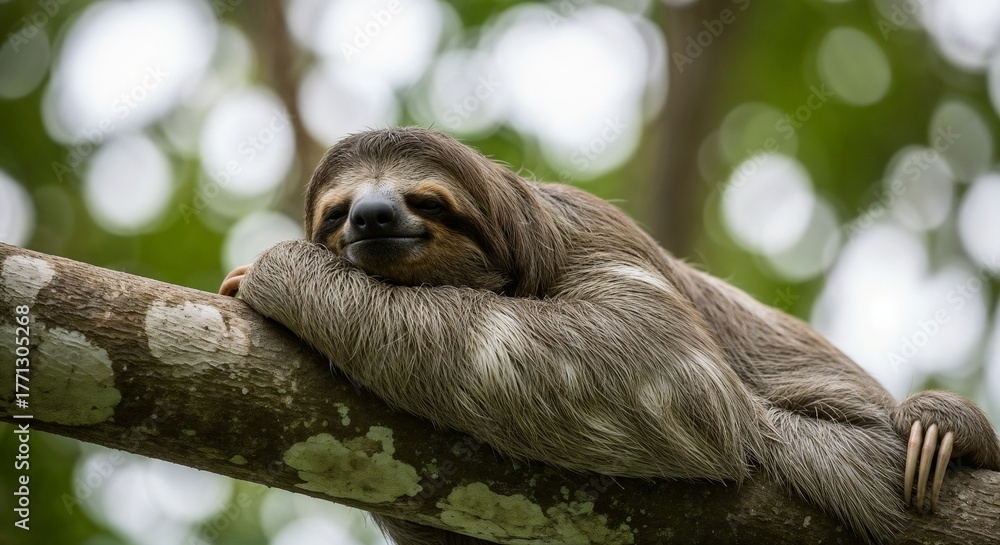 Fototapeta premium A sleepy three toed sloth rests comfortably on a tree branch in the jungle