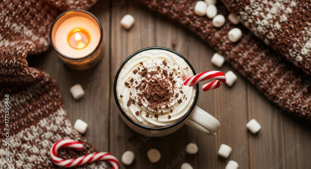 Fototapeta premium Cozy Winter Drink With Marshmallows, Candle, And Blanket.