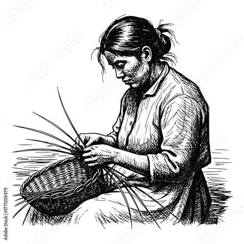 Woman Weaving Wicker Basket – Black and White Sketch Illustration

