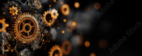 Digital transformation concept with gears, technology, and innovation, showcasing interconnected systems and progress in modern environment