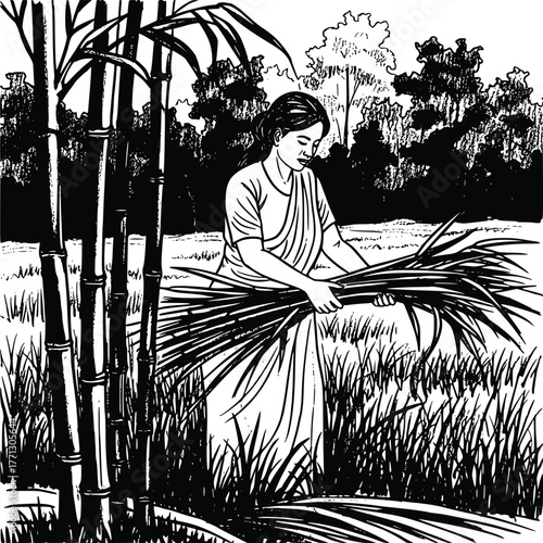 Woman Harvesting Rice in Field – Black and White Woodcut Style Illustration

