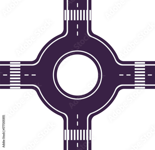 Road circle intersection top view, vector flat empty highway asphalt road with dividing lines, pedestrian crossings