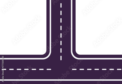Road intersection T-shaped top view, vector flat empty highway asphalt road with dividing lines, crossroad, junction