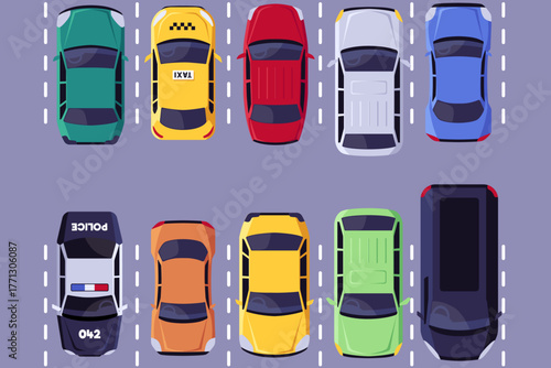 Road transport types top view on the parking, urban civilian and van vehicles, Police and Taxi cars, vector automobile