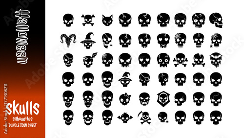 Flat vector icon sheet of spooky skull silhouettes in Halloween style. Includes creepy, witch, and pirate skulls. Perfect for Halloween designs and clipart. Isolated on white background.