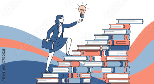 Businesswoman Climbing Staircase Made Of Books To Achieve Success And Reach New Ideas