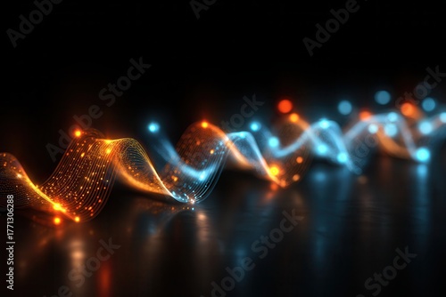 Glowing orange and blue waves on dark background with reflections. Use this to illustrate technology, data, networks, and connectivity.
