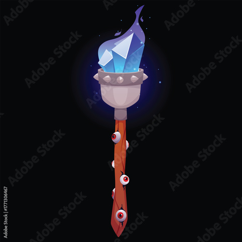 Magic wand with blue crystal and fire flame, vector cartoon fantasy game torch with wooden stick with eyes, gem stones