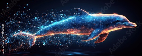 Digital rendition of a glowing dolphin with sparkling lights on a dark background
