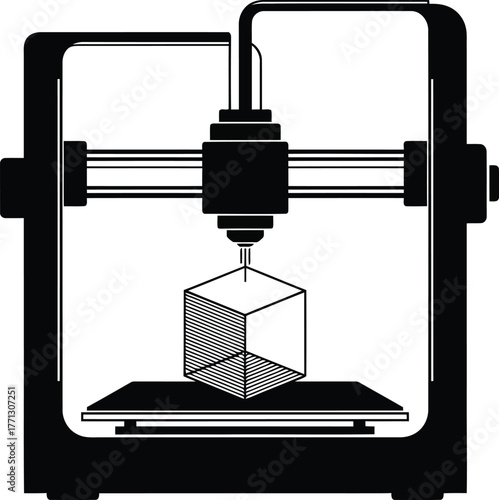 Black and white illustration of a 3 D printer creating a cube