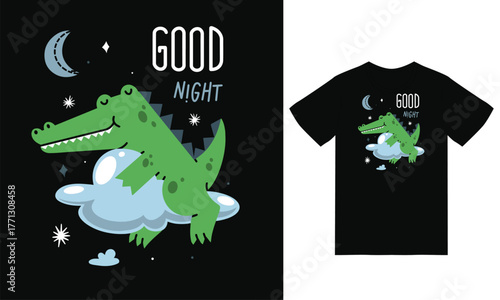 Cute aligator sleeping in the clouds illustration with tshirt design premium vector