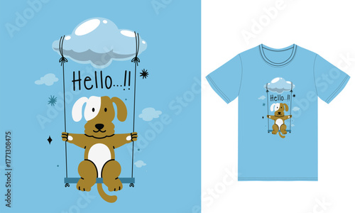 Cute dog on a cloud swing illustration with tshirt design premium vector