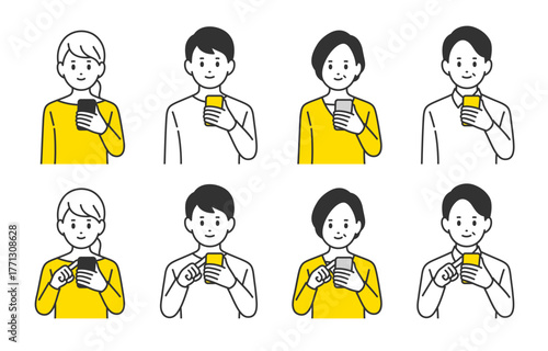 スマホを持つ･操作する若い･中年男女のセット【人物ベクターイラスト素材】