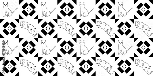 Art Deco Geometric and Cats Design Pattern for Seamless Transparent Background Template