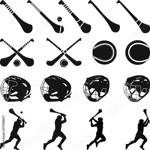 Hurling Sticks and Ball Icon, Hurling and Camogie Sports Equipment Helmets and Player Silhouettes